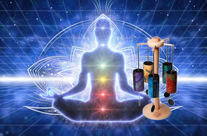 Chakra Sound Healing with Zaphir Chimes, Women with chakras and chime stand with zaphir chimes